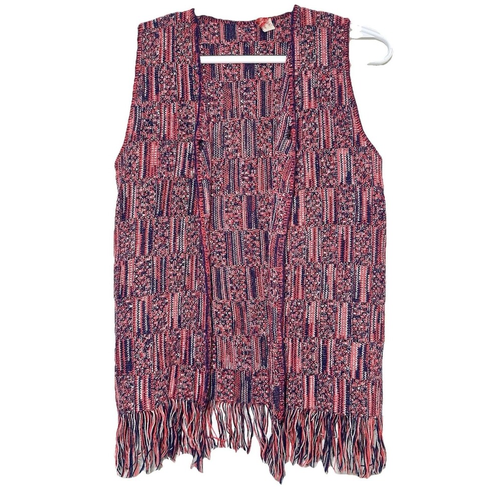 Vintage 80s Boho Woven Fringe Vest Patchwork Knit Open Front WPL7666 Merremont S